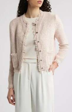 Kobi Halperin Marled Sequin Cardigan Metallic Tweed Fringe Old Money Preppy S